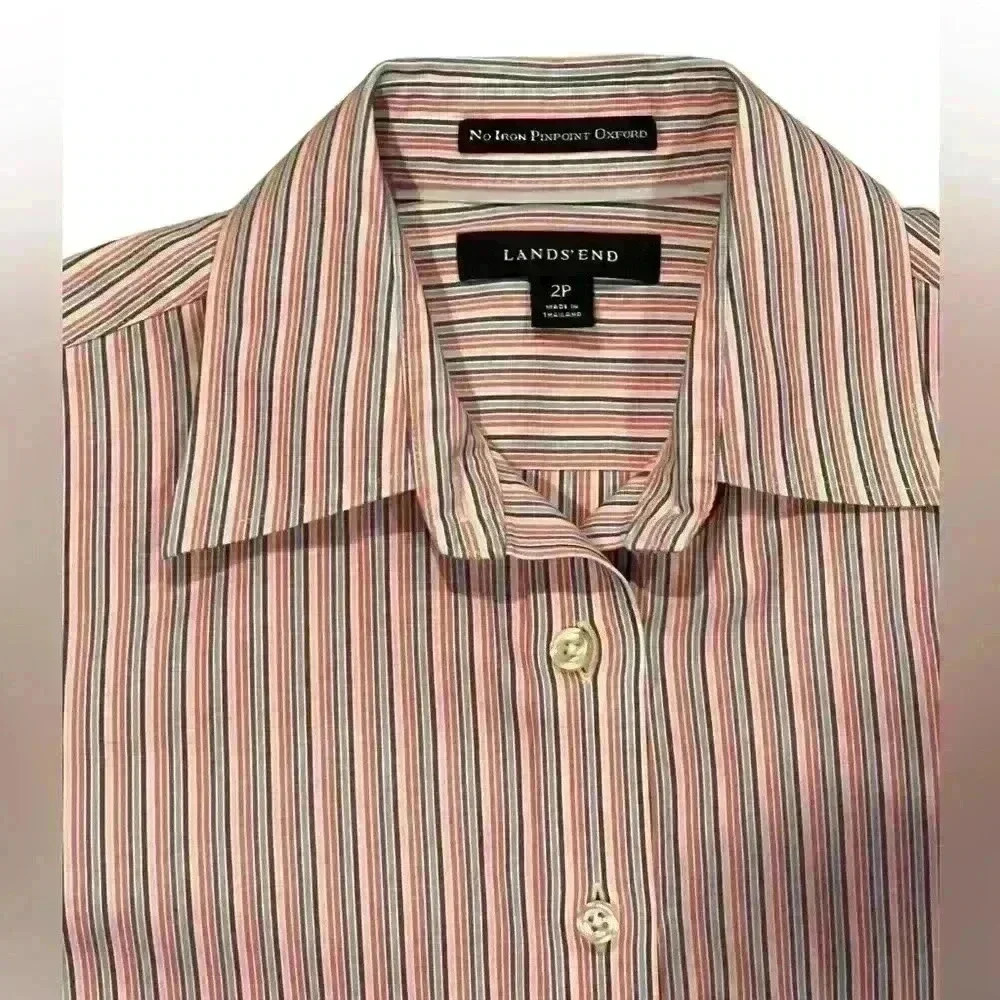Lands End No Iron Pinpoint Button down Size 2 Petite  Multicolor Striped Womens